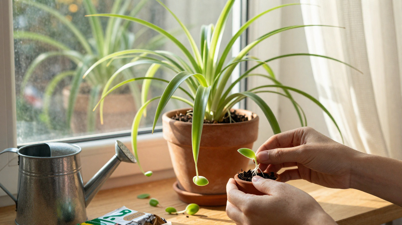 Mãos a transplantar muda de planta pequena para vaso ao lado de regador junto a janela com luz natural.