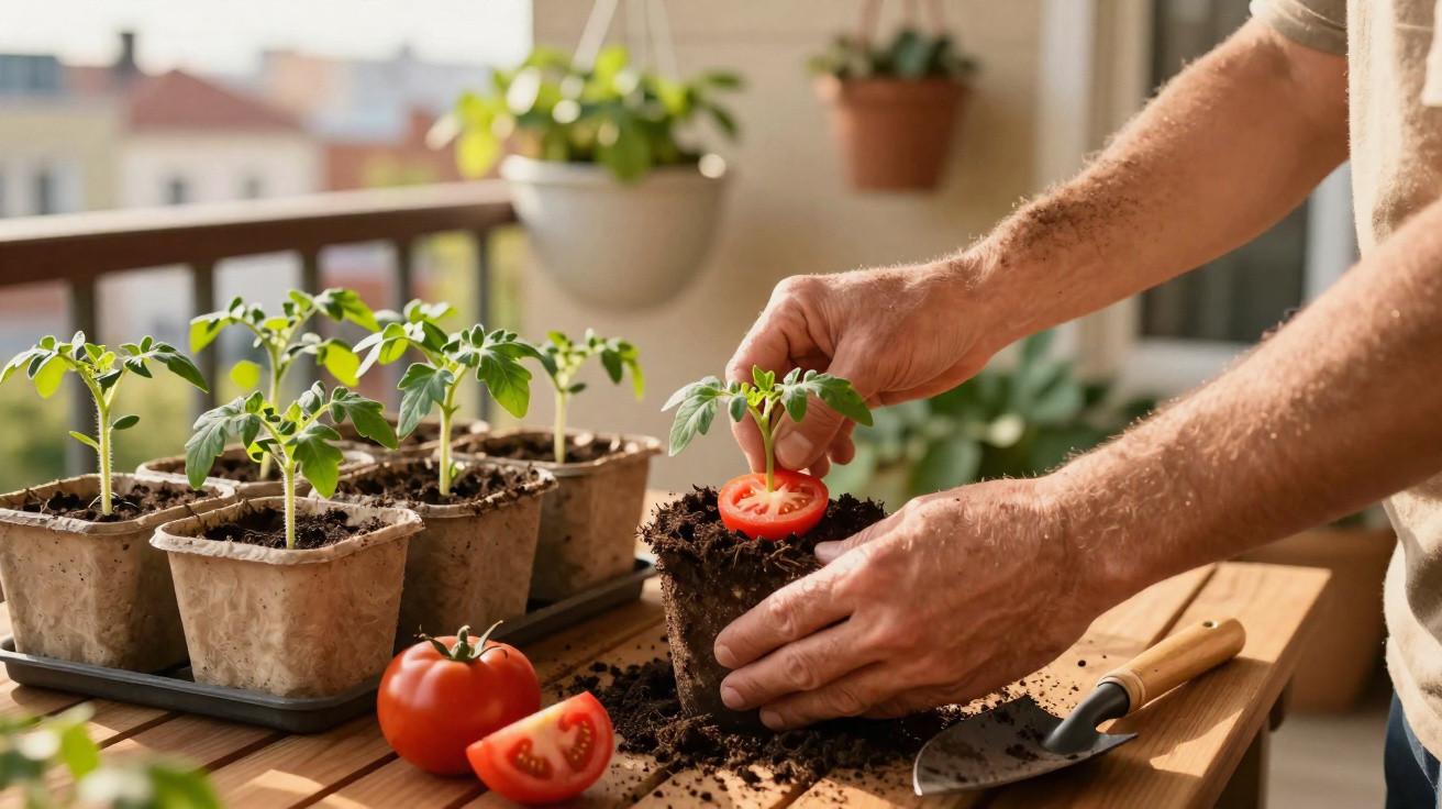 Mãos a plantar uma muda de tomateiro num vaso com terra, tomate cortado ao lado, ambiente de varanda.