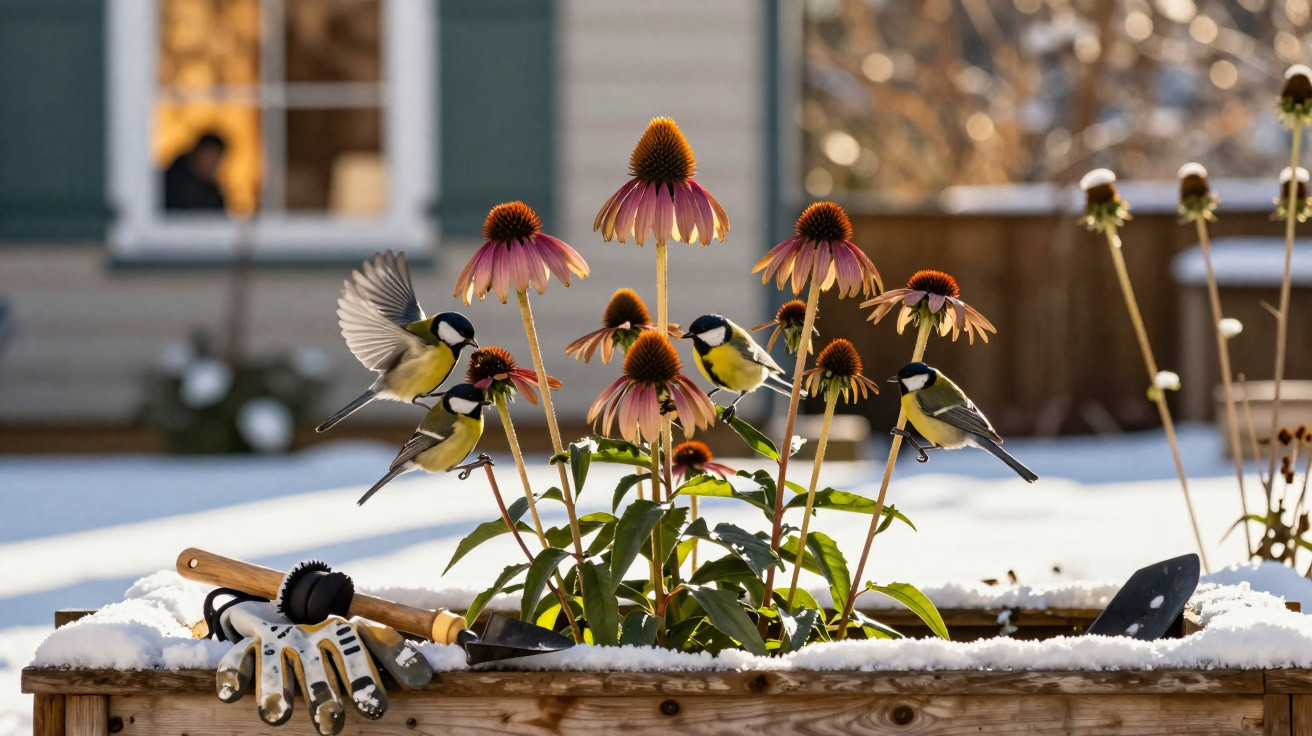Pássaros pousados em flores cor-de-rosa num canteiro de jardim com neve e ferramentas de jardinagem.