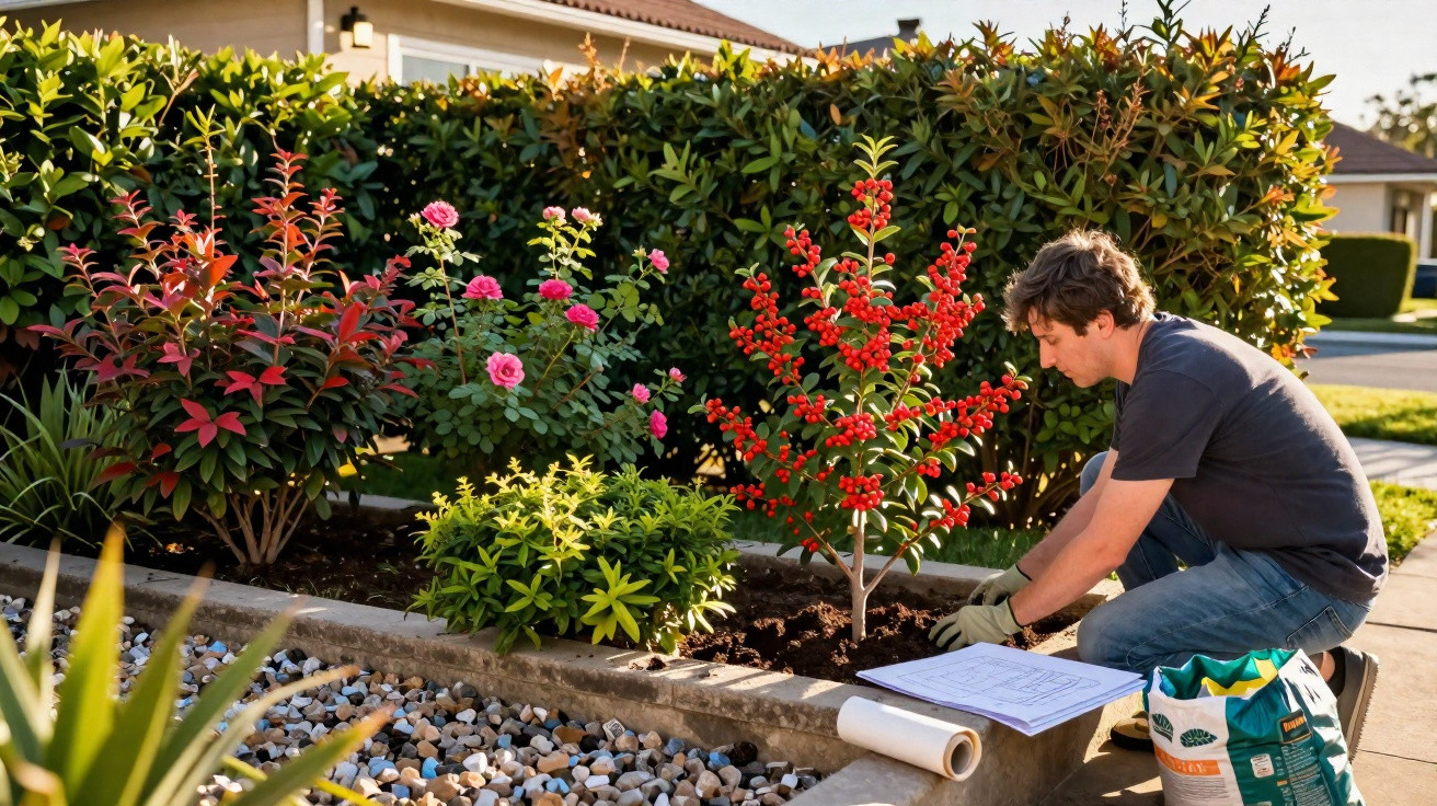 Homem a plantar flores num jardim com plantas coloridas, ao lado de esquemas e saco de terra.