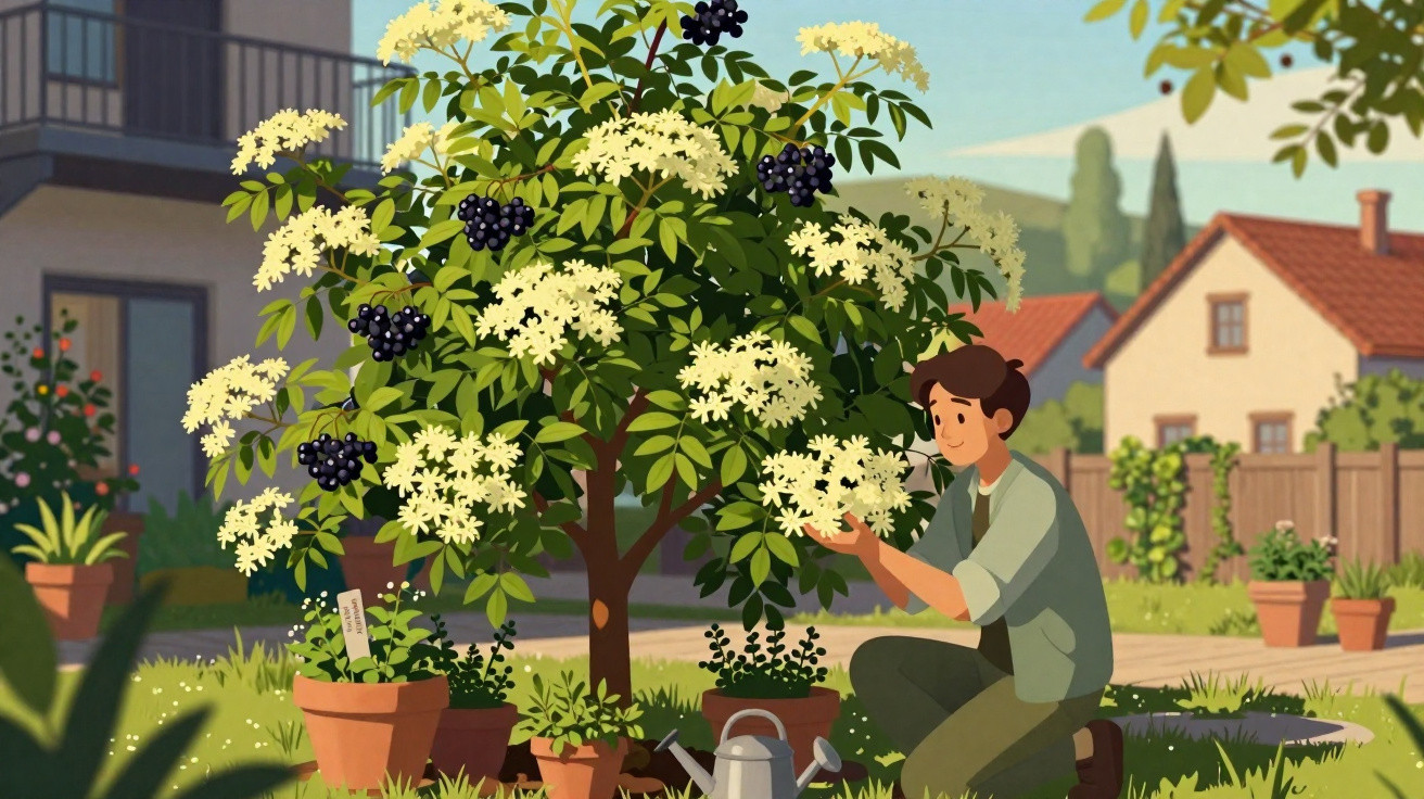 Pessoa rega e cuida de árvore florida num jardim com plantas em vasos e casas ao fundo.
