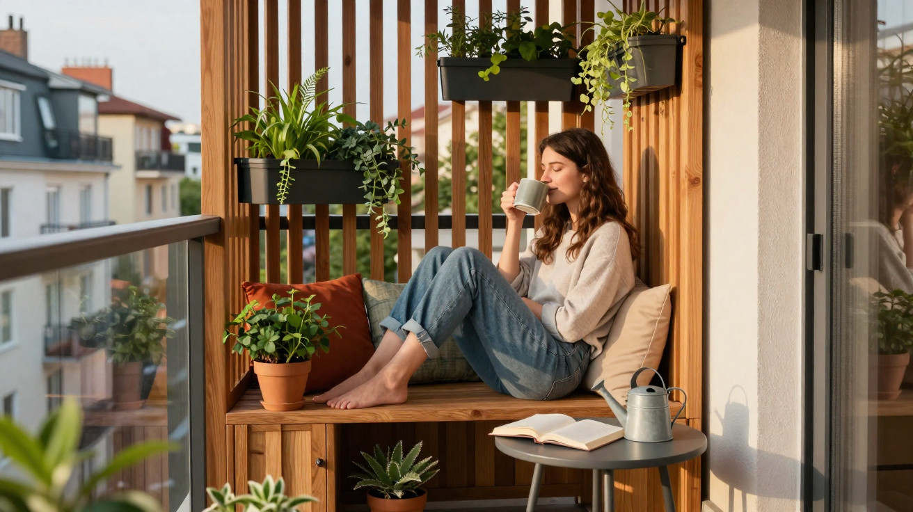 Mulher sentada num banco de madeira numa varanda, a beber de uma caneca rodeada de plantas.