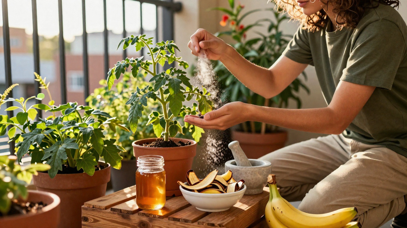 Pessoa a polvilhar pó branco nas mãos junto a plantas em vasos, frutas e um frasco de mel num ambiente claro.
