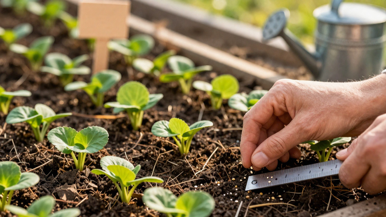Mãos a medir a distância entre pequenas plantas em canteiro de terra, com regador desfocado ao fundo.