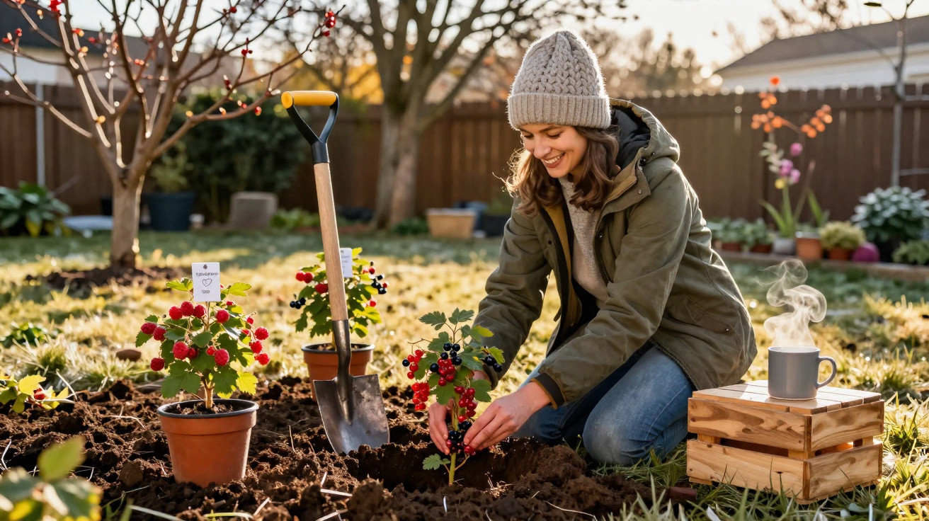 Mulher a sorrir plantando arbusto com bagas num jardim com pá e chá quente ao lado.