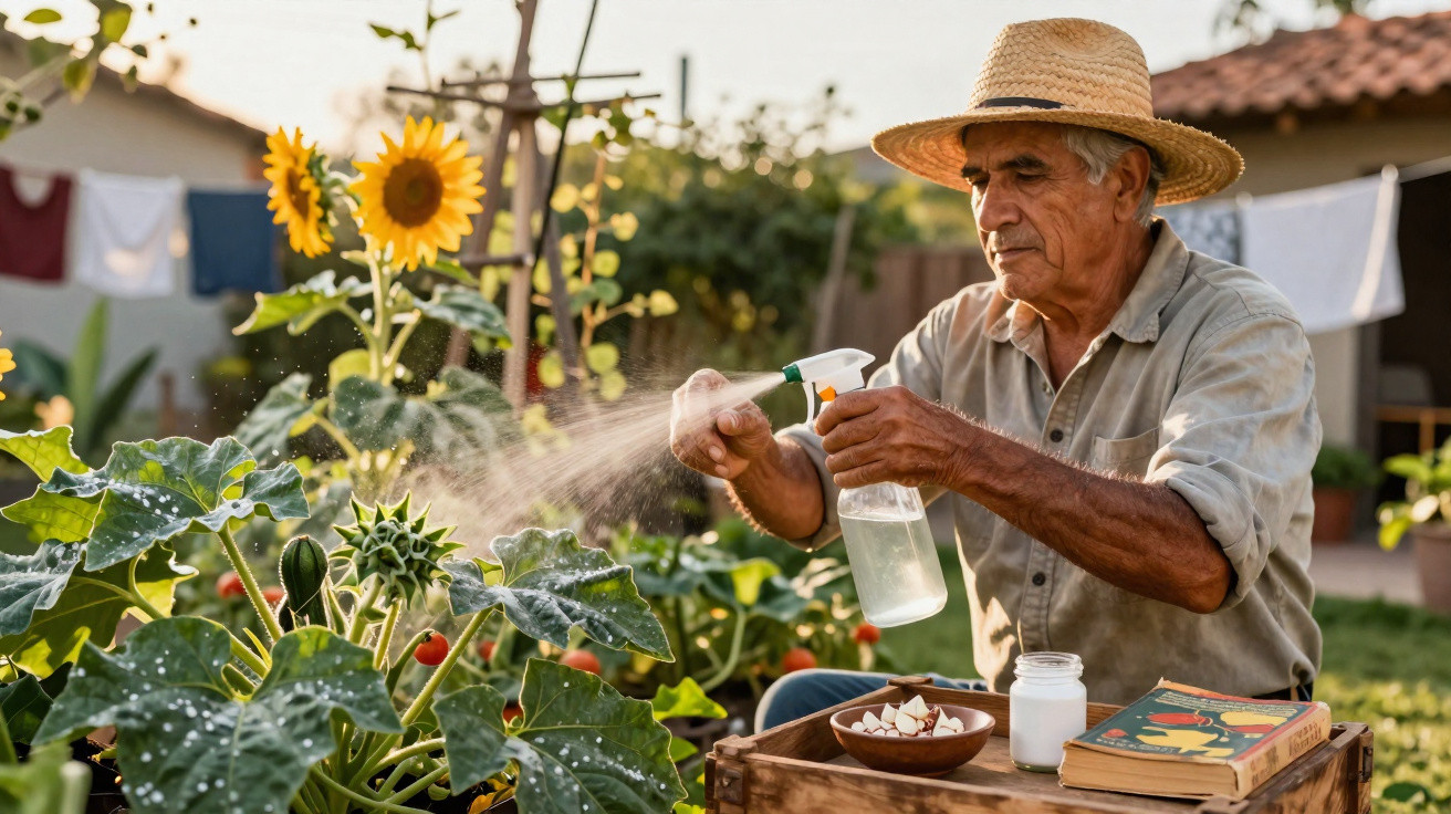 Homem idoso com chapéu rega plantas no jardim, ao lado de girassóis e livros.