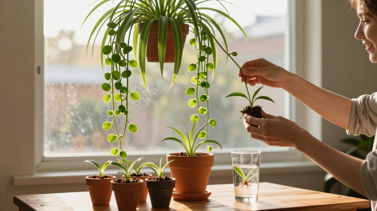 Pessoa a cuidar de plantas em vasos num ambiente iluminado pela luz natural junto a uma janela.