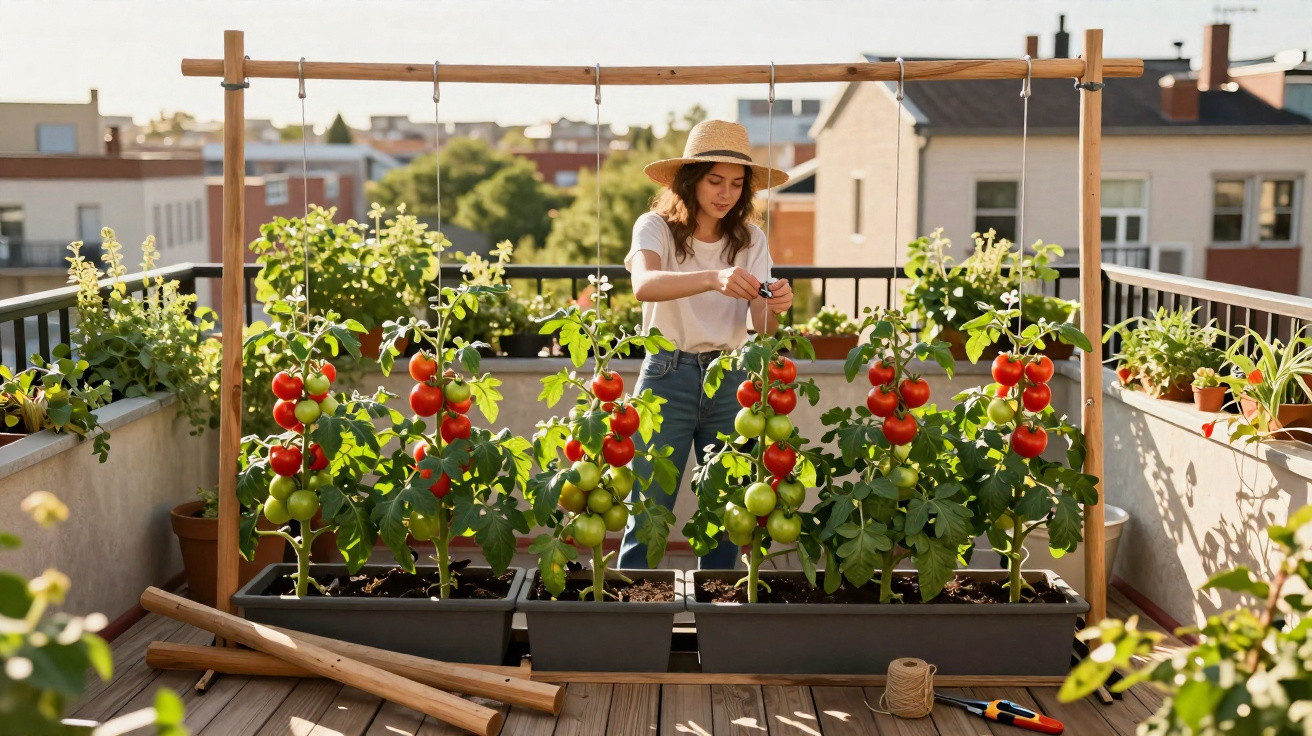 Mulher a cuidar de tomateiros maduros num jardim urbano num terraço ensolarado em cidade.