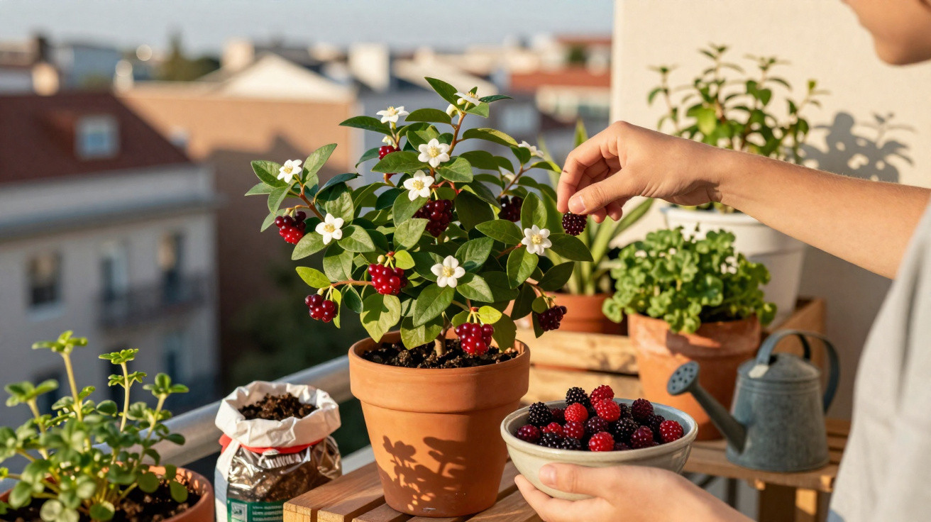 Pessoa a colher amoras numa varanda com vasos de plantas e flores brancas ao sol da tarde.