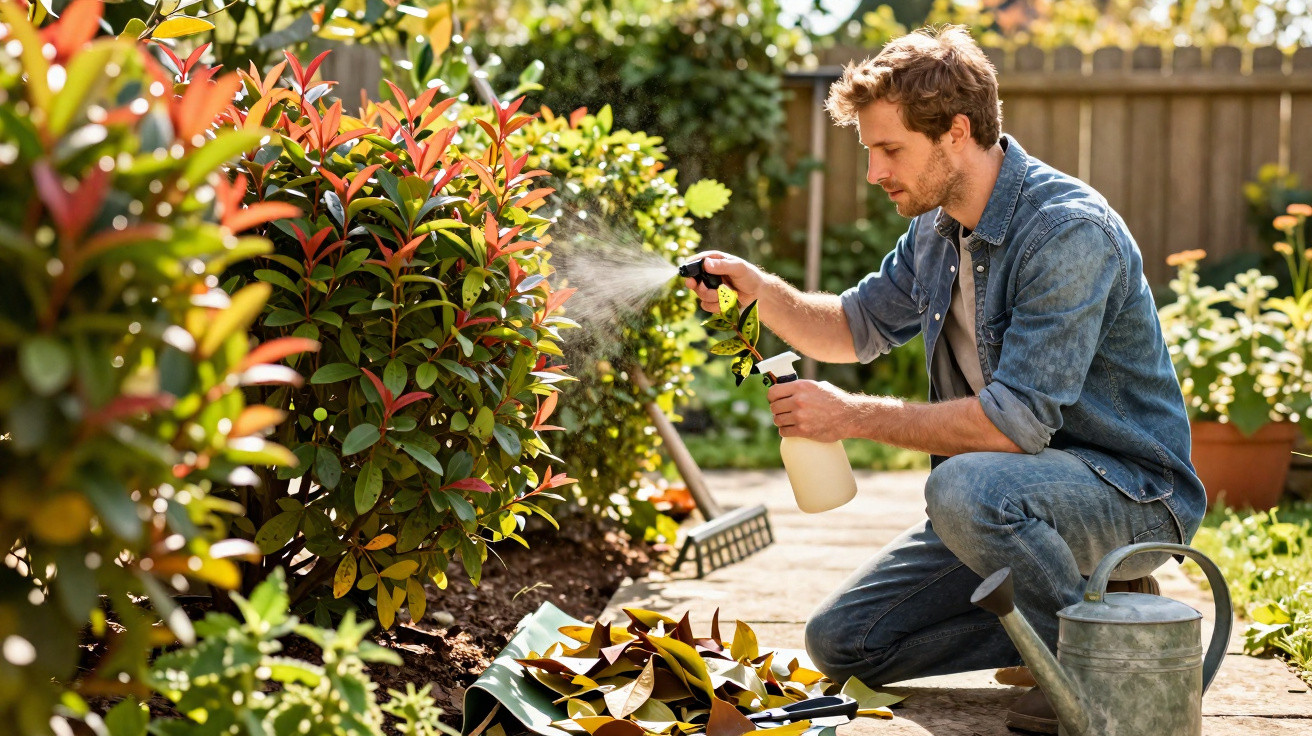 Homem a pulverizar plantas num jardim ensolarado, com regador e folhas cortadas no chão.