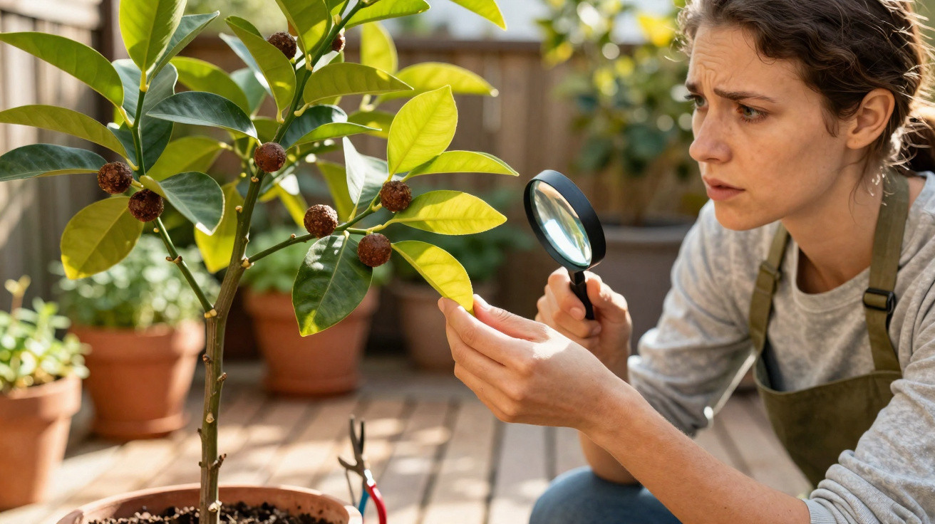 Mulher analisa planta com lupa num vaso, ao ar livre num espaço com outros vasos e ferramentas.