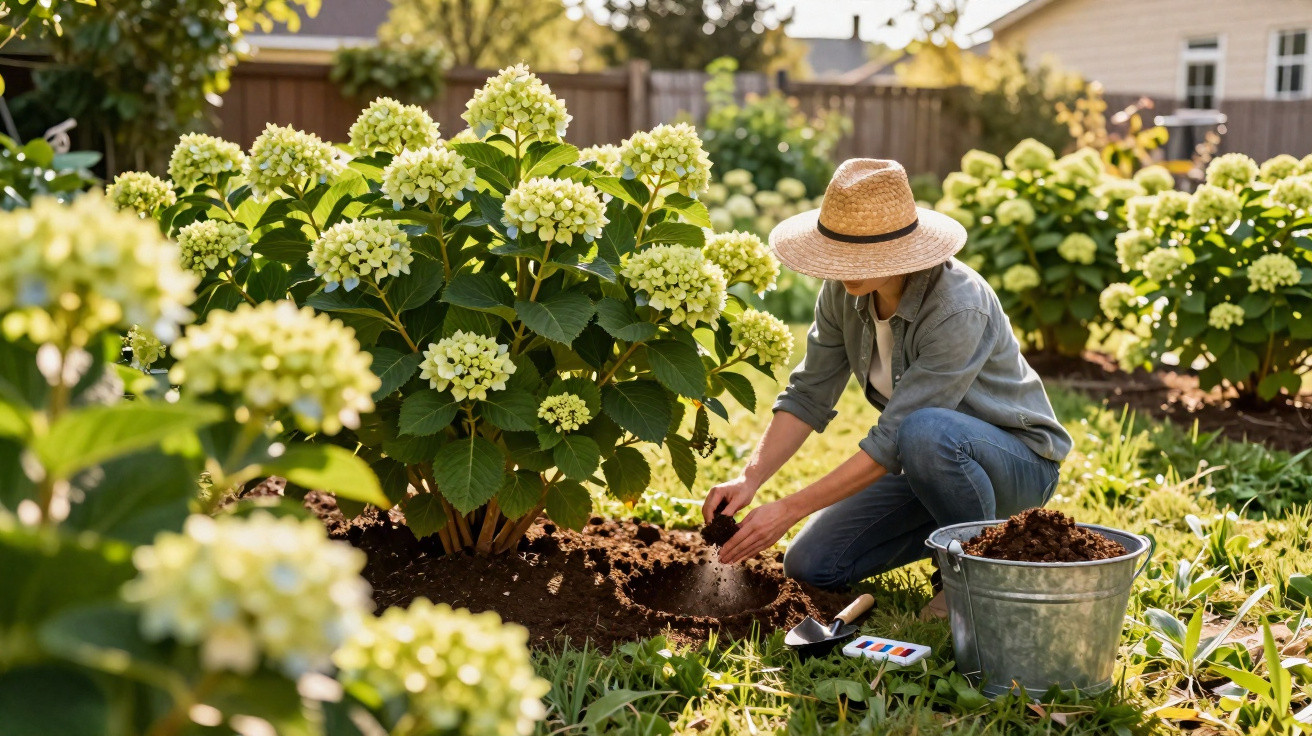 Pessoa de chapéu a cuidar de plantas com flores brancas num jardim ensolarado.