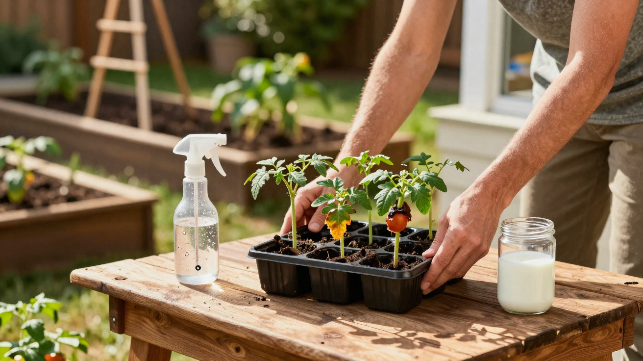 Pessoa a cuidar de pequenas plantas de tomate para transplantar, ao ar livre numa mesa de madeira.