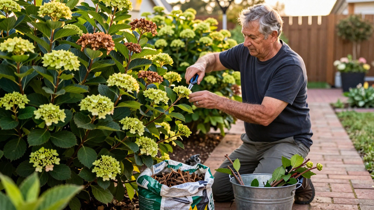 Homem sénior a podar arbustos floridos num jardim com ferramentas de jardinagem e balde.