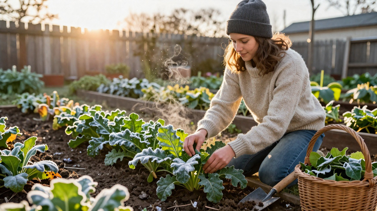 Mulher a colher legumes num campo com geada, usando camisola e gorro de inverno ao amanhecer.
