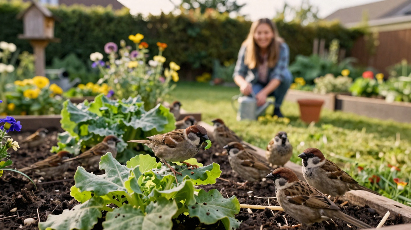 Pardais a comer folhas num canteiro de jardim, com mulher ao fundo a cuidar das plantas.