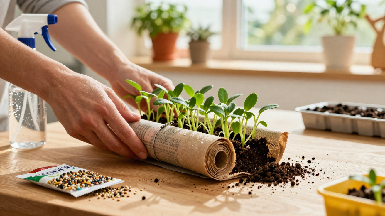 Mãos a enrolar jornal com mudas de plantas verdes e tomateiras, ao lado de terra e sementes numa mesa.