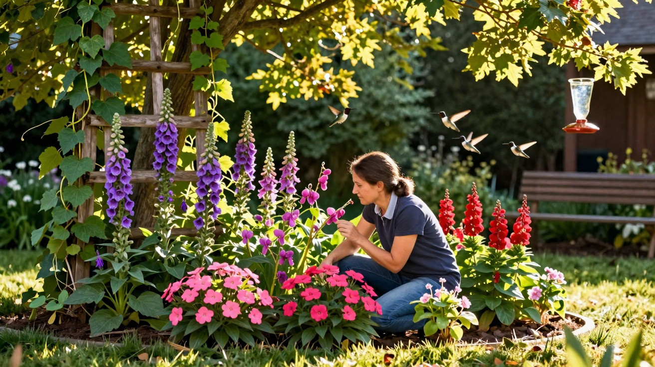 Mulher a cuidar de flores coloridas num jardim sob árvores, com beija-flores a voar perto de comedouro.