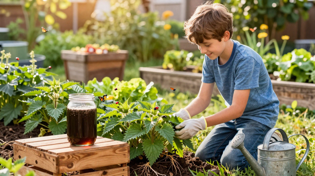 Menino a cuidar de plantas num jardim com flores e borboletas ao redor, usando luvas de jardinagem.