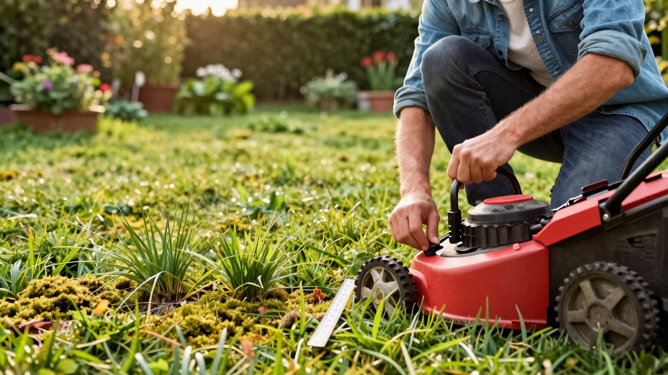 Pessoa a preparar cortadora de relva num jardim com relva verde e plantas em vasos ao fundo.