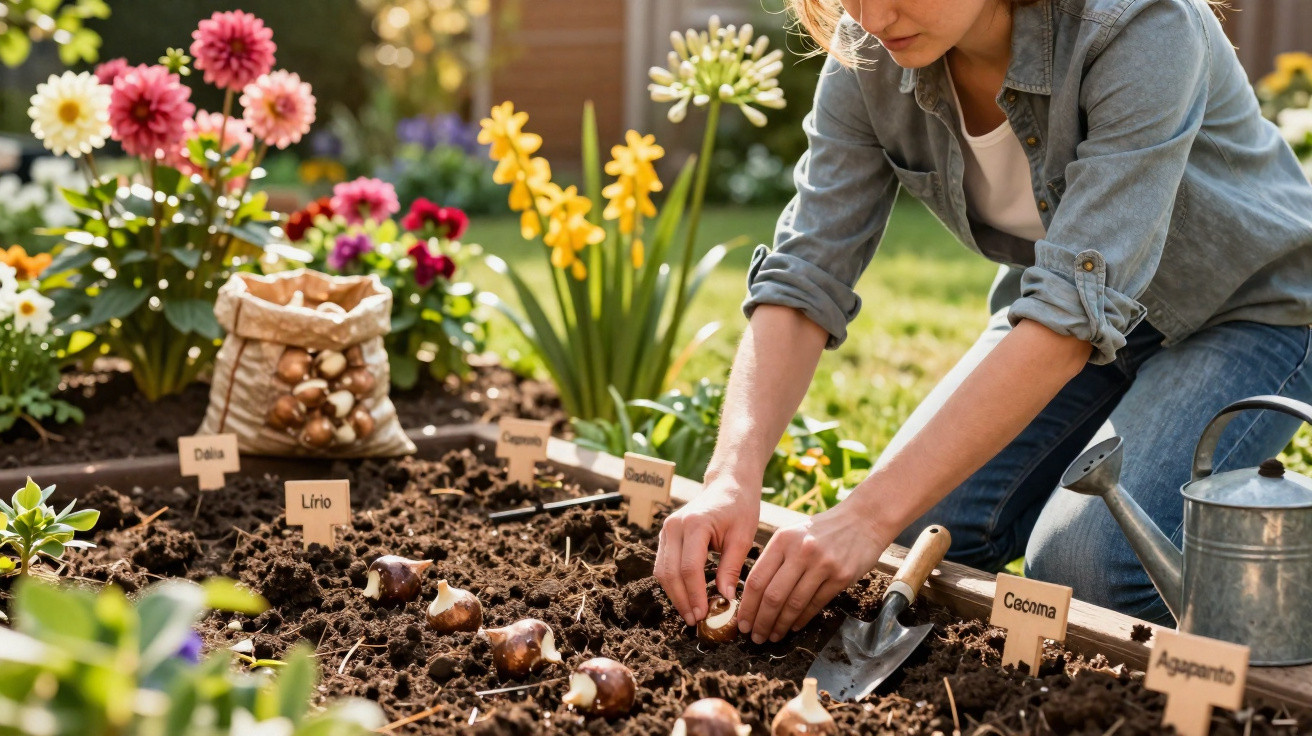 Mulher a plantar tulipas em canteiro com terra, regador e flores coloridas ao fundo.