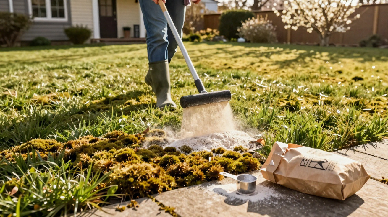 Pessoa a espalhar pó branco com uma ferramenta de jardim em relva com musgo, próximo de uma bolsa de papel.