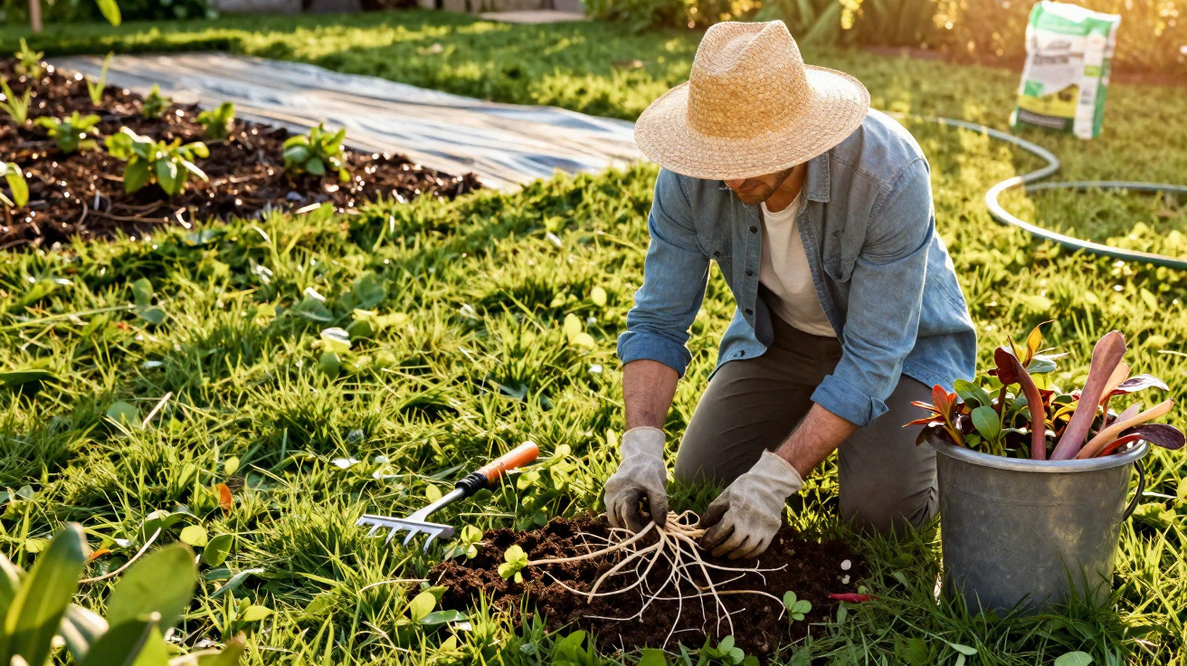 Homem de chapéu a plantar mudas num jardim ensolarado com utensílios de jardinagem ao lado.