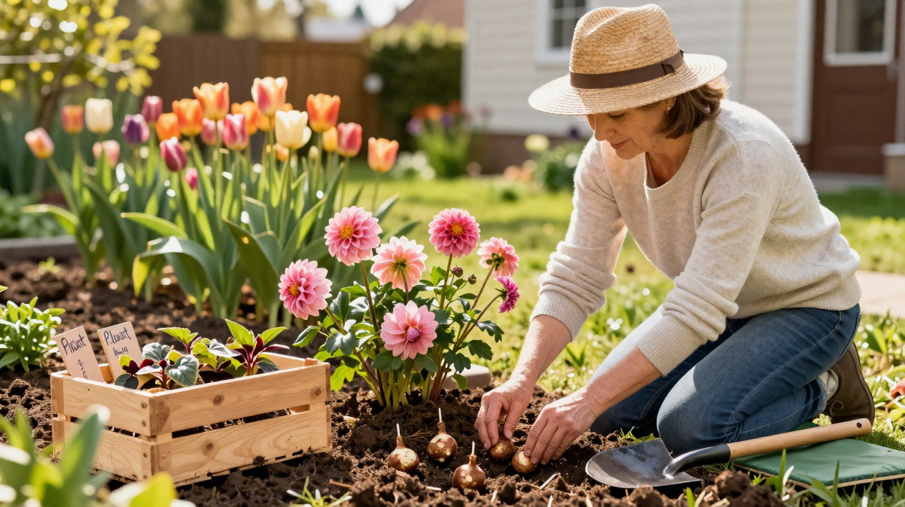 Mulher de chapéu a plantar bolbos em jardim com flores e caixa de plantas ao lado.