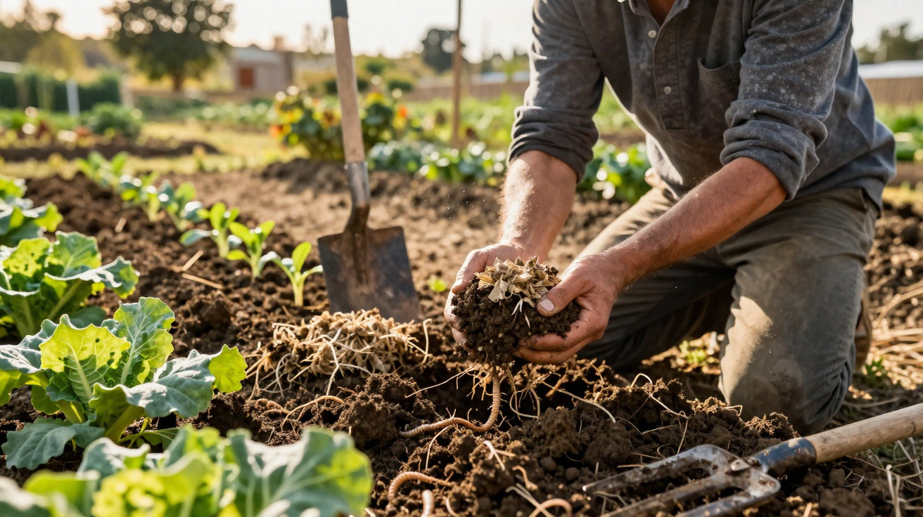 Homem a trabalhar a terra num campo agrícola, segurando montão de solo e matéria orgânica.