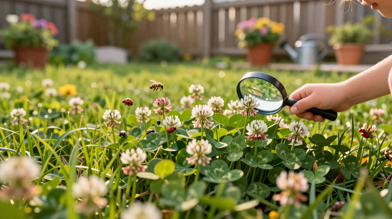 Criança a observar flores e insetos com lupa num jardim em dia solarengo.