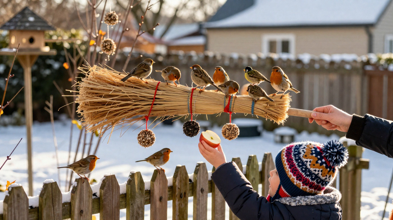 Criança oferece maçã a pássaros num ramo decorado com bolas de sementes num jardim com neve.