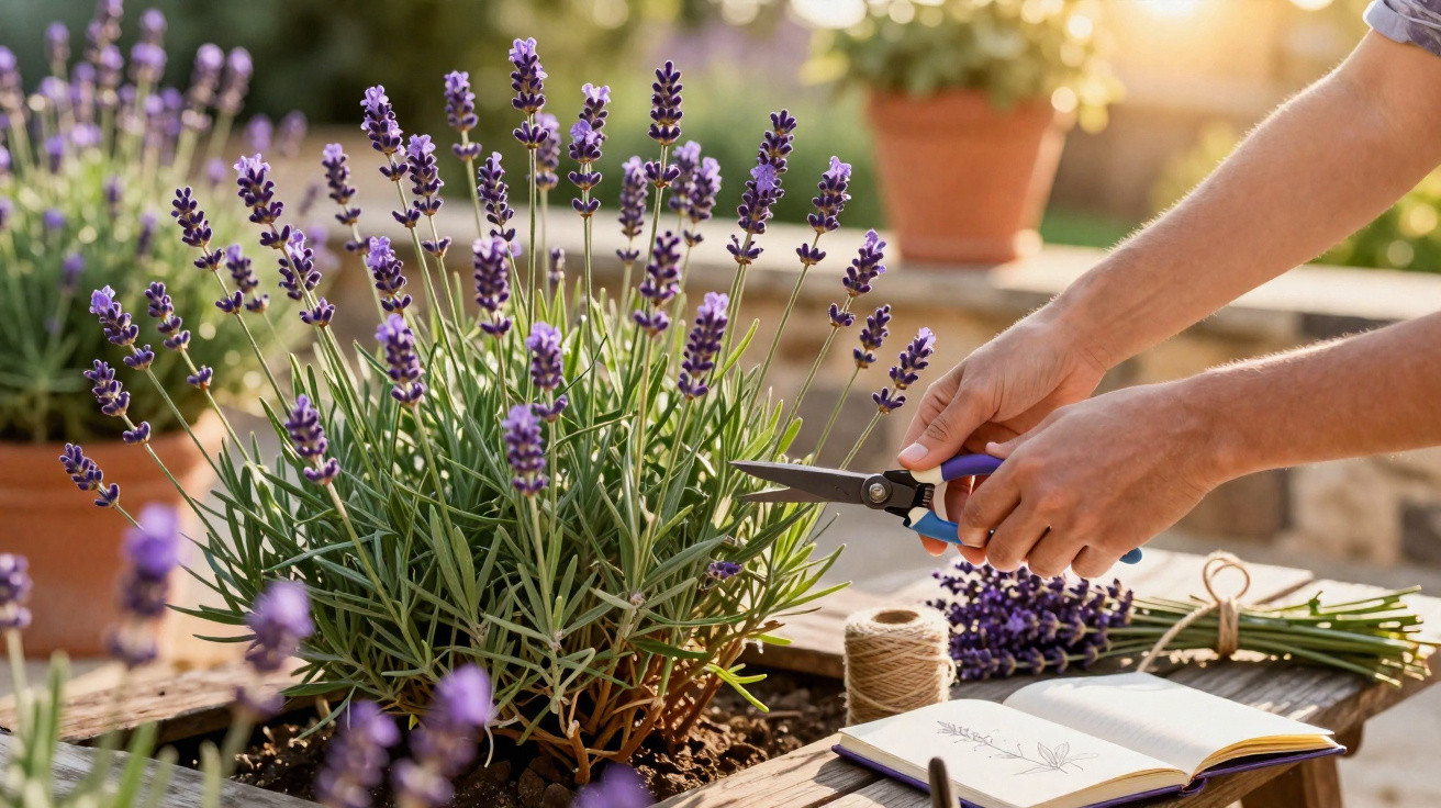 Pessoa a podar flores de lavanda num recipiente de madeira num jardim ao pôr do sol.