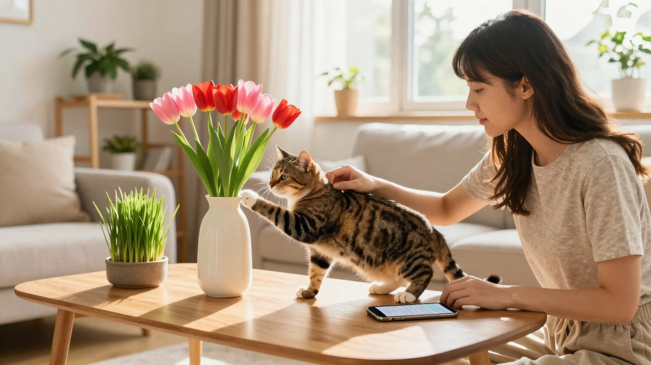 Mulher acariciando gato que está a tocar em vaso com tulipas sobre mesa de madeira numa sala iluminada.