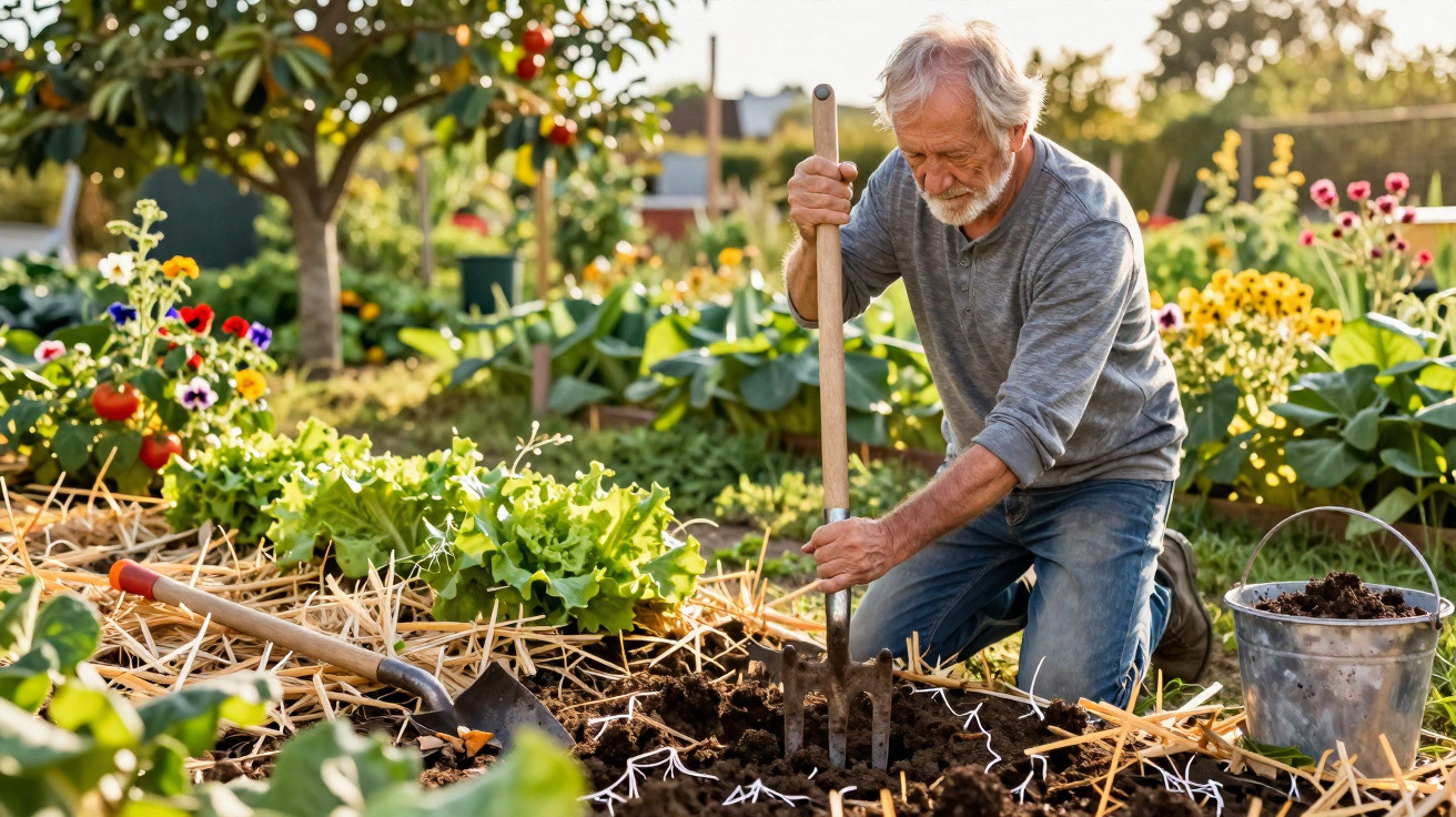 Homem idoso a cuidar do jardim, a mexer a terra com uma ferramenta, rodeado de plantas e vegetação.