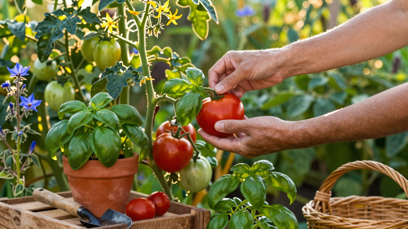 Mãos colhem tomate maduro de planta num jardim com manjericão e cesta de verga ao lado.