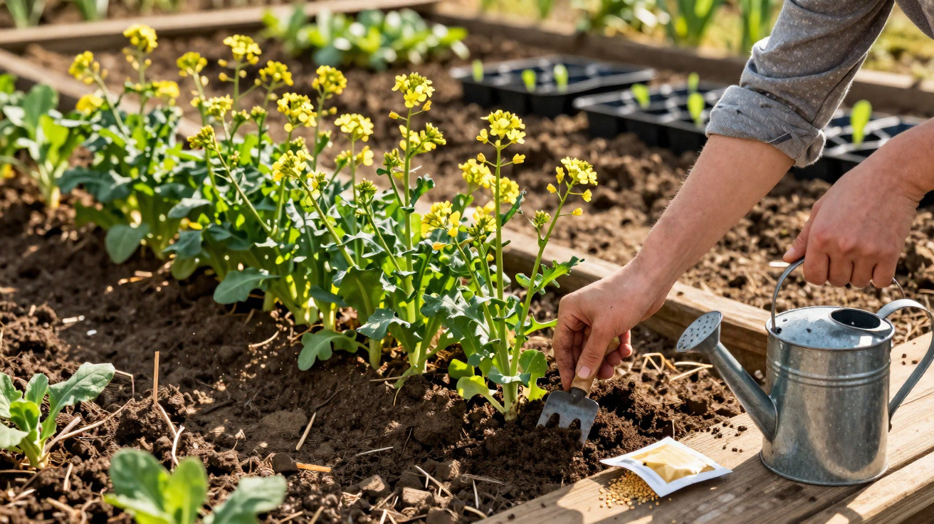 Pessoa a cuidar de plantas com flores amarelas numa horta, usando regador e ferramenta de jardinagem.