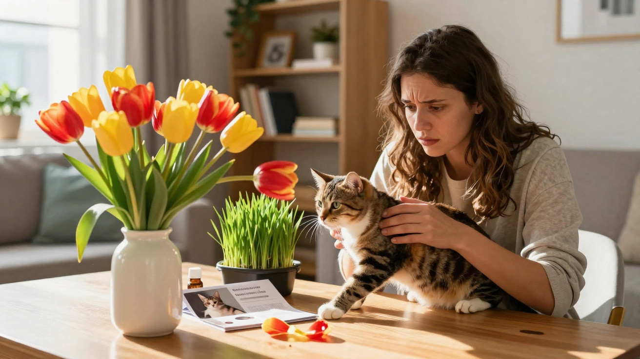 Mulher preocupada examina gato num ambiente doméstico com flores e medicamentos numa mesa de madeira.