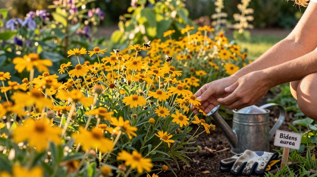 Mãos de uma pessoa a tocar flores amarelas Bidens aurea num jardim com regador e luvas no chão.
