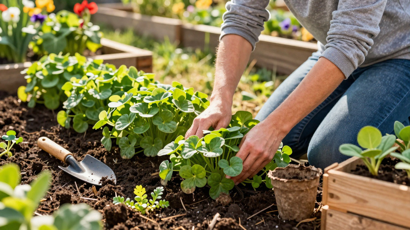Pessoa a plantar ou cuidar de plantas verdes num jardim com solo escuro e ferramentas de jardinagem.