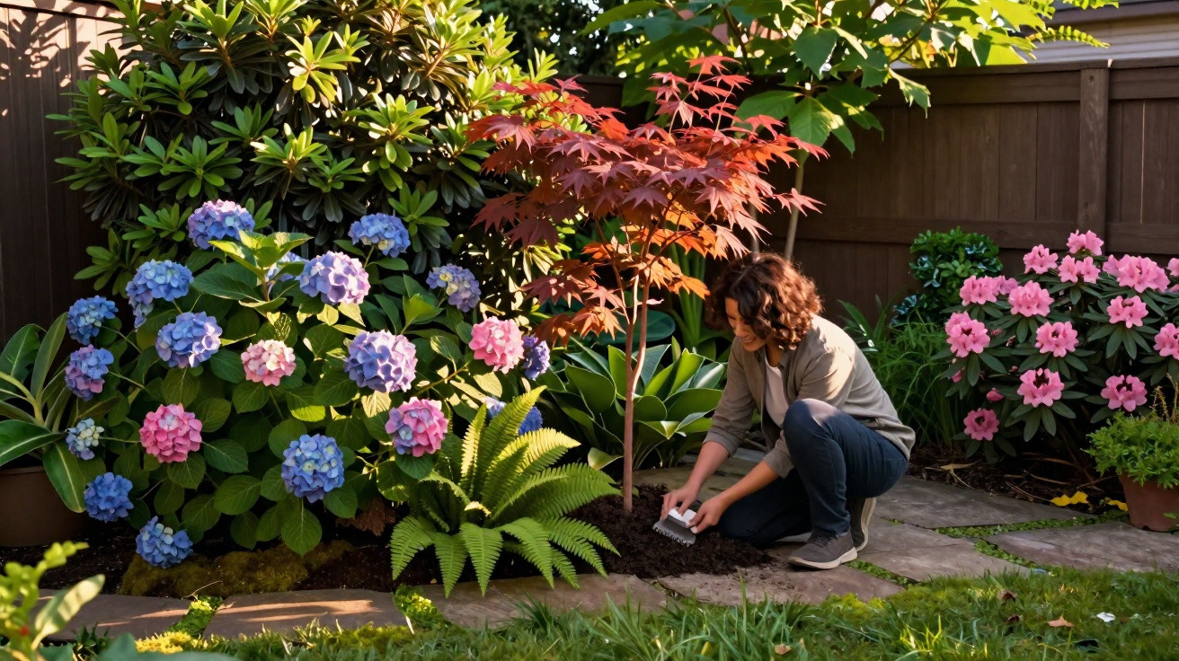 Mulher a cuidar de um jardim com flores coloridas e uma árvore jovem junto a uma cerca de madeira.