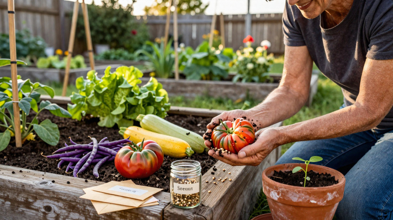 Pessoa a colher tomate maduro em horta com legumes, sementes e planta em vaso ao lado.
