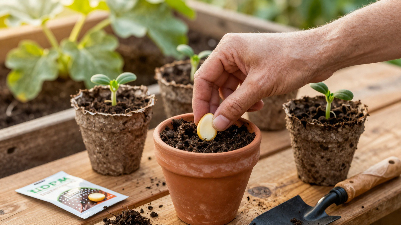 Mão a plantar semente em vaso de barro com vasos biodegradáveis e ferramenta de jardinagem ao lado.