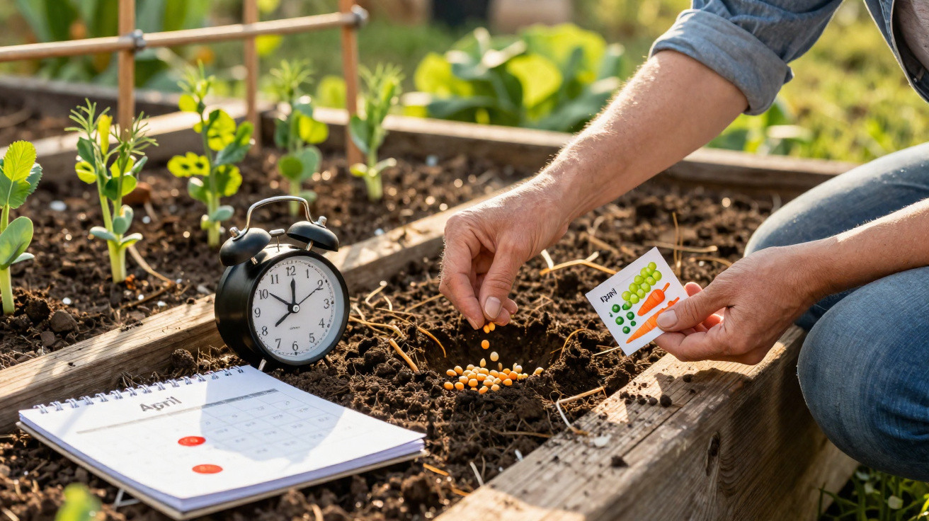 Pessoa a plantar sementes em canteiro com calendário e relógio ao lado em jardim ensolarado.