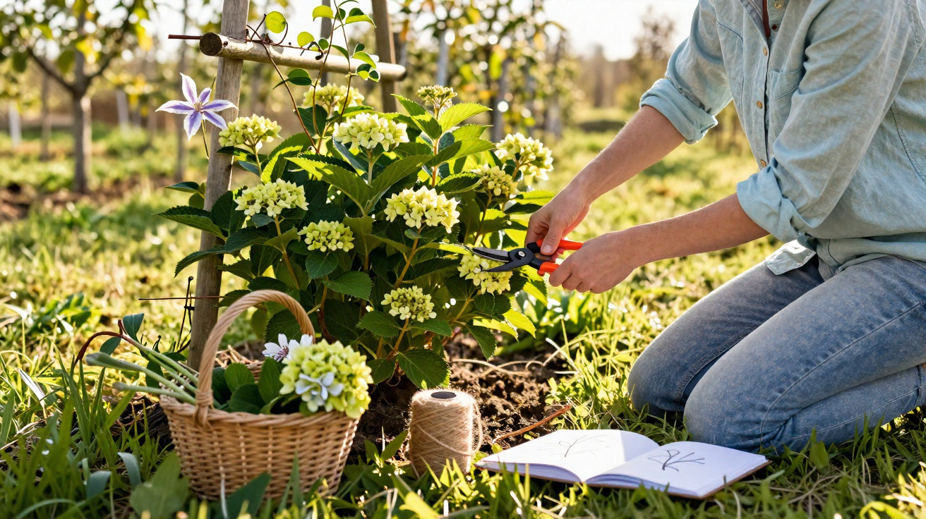 Pessoa a podar flores com tesoura de jardinagem, junto a cesta e caderno no jardim ensolarado.